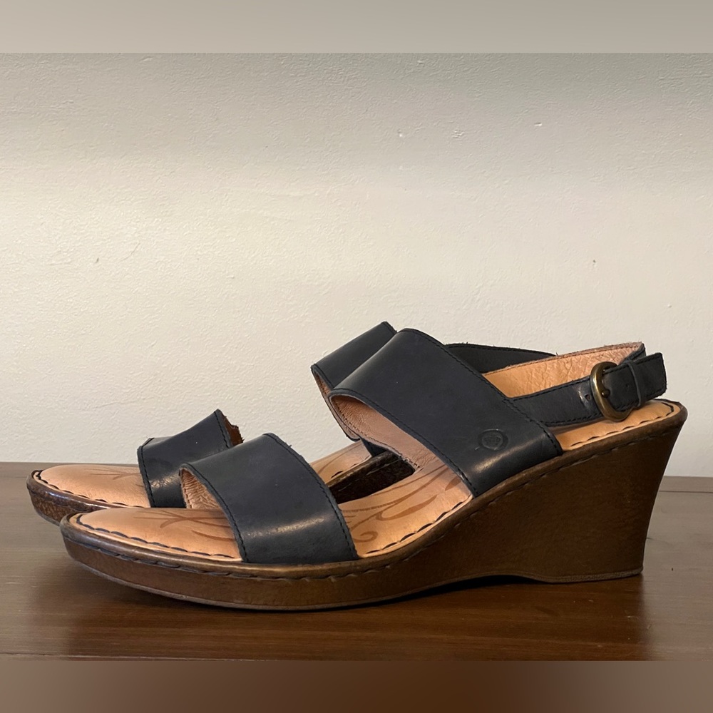 Born Abigail Blue Tan Ankle Strap Leather Slingback Wedge Open Toe Sandals